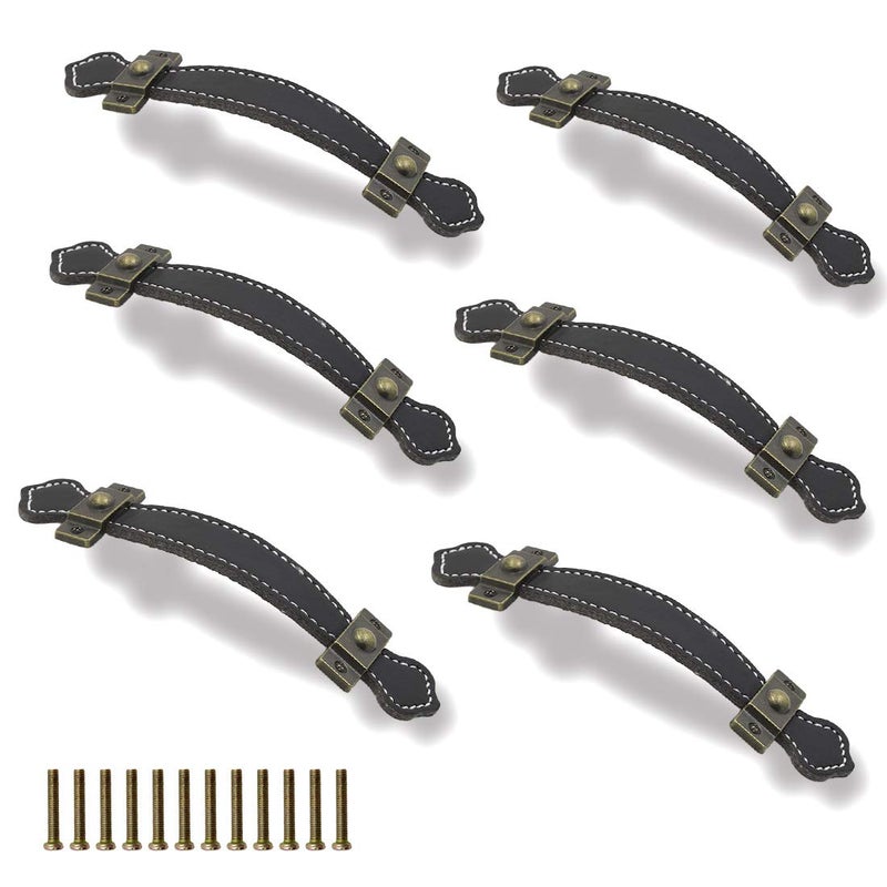 Seimneire 6pcs Surface Leather Furniture Handle, 6.3" Retro Style Leather Handle Pull Handle for Drawer/Cabinet/PU Suitcase - Black - Image 1